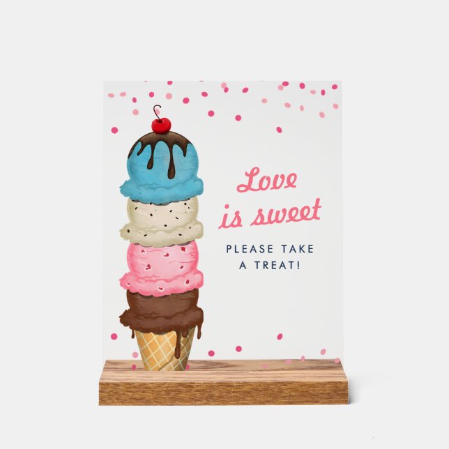 Ice Cream Love Is Sweet Take A Treat Bridal Shower Acrylic Sign (Front)