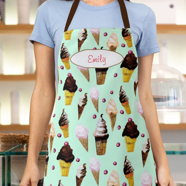 Ice Cream Parlour Mint Green Personalised Apron (This retro mint green ice cream apron features my own watercolor art of chocolate and vanilla cones.)