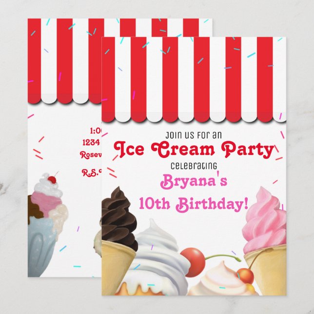 Ice Cream Parlour Party Birthday Celebration Red I Invitation (Front/Back)