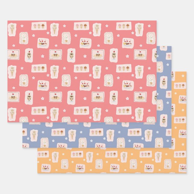 Ice Cream Parlour Patterns assorted colours Wrapping Paper Sheet (Set)
