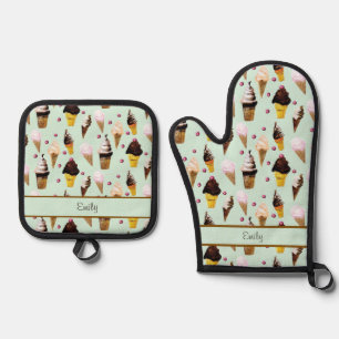 Ice Cream Parlour Retro Green Personalised Apron Oven Mitt & Pot Holder Set