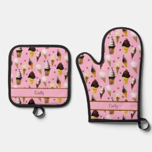 Ice Cream Parlour Retro Pastel Pink Personalised Oven Mitt & Pot Holder Set