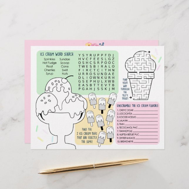 Ice Cream Party Activity Sheet Placemats For Kids (Front/Back In Situ)