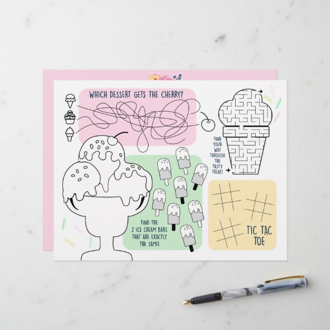 Ice Cream Party Activity Sheet Placemats For Kids (Front/Back In Situ)