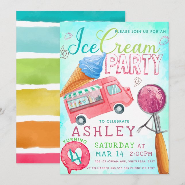 Ice Cream Party Birthday Invitation (Front/Back)