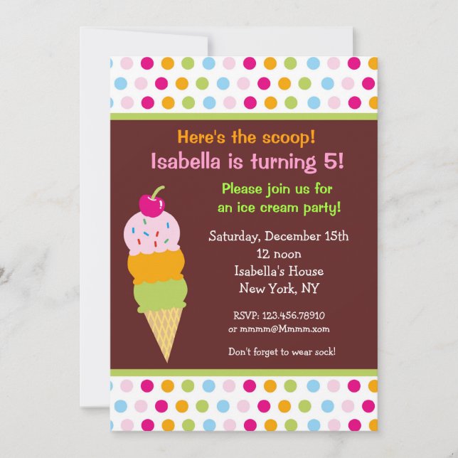 Ice Cream Party Birthday Invitations icecream (Front)