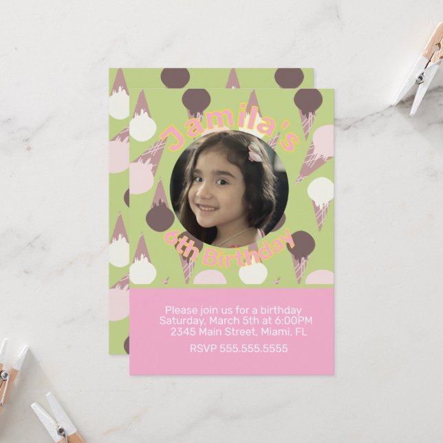 Ice Cream Party Birthday Photo Invitation (Front/Back In Situ)