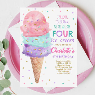 Ice Cream Party Birthday Pink Mint Purple Invitation
