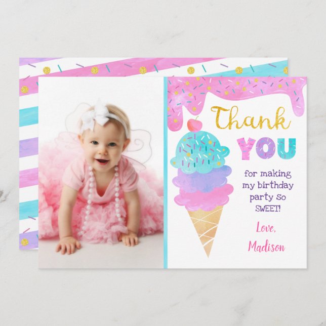 Ice Cream Party Birthday Thank You Cards  (Front/Back)