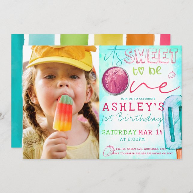Ice Cream Party First Birthday Photo Invitation (Front/Back)