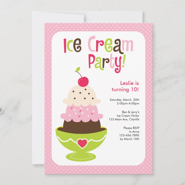 Ice Cream Party - Pink, Green and Brown Invitation (Front)