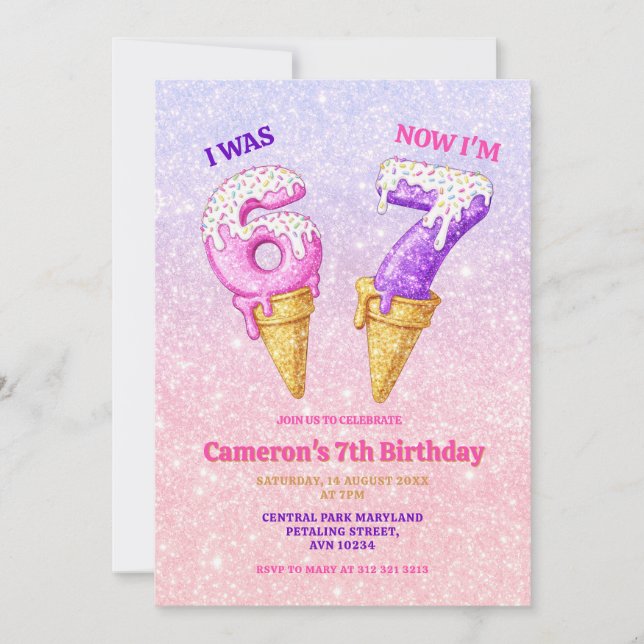 Ice Cream Pastel Glitter 6-7 Kids Birthday Party Invitation (Front)