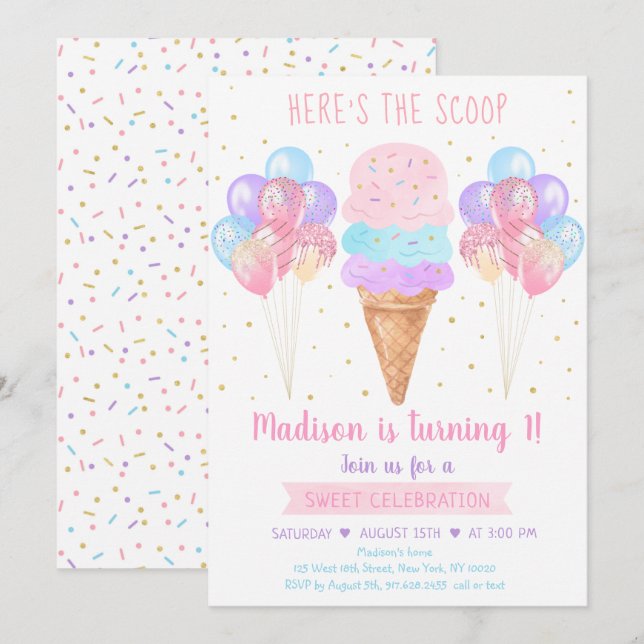 Ice Cream Pastel Here's The Scoop Birthday Invitation (Front/Back)