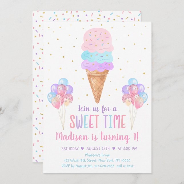 Ice Cream Pastel Rainbow Birthday Invitation (Front/Back)