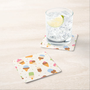 Ice Cream Pattern, Ice Cream Cone, Ice Popsicle Square Paper Coaster