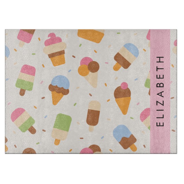 Ice Cream Pattern, Ice Cream Cone, Your Name Cutting Board (Front)