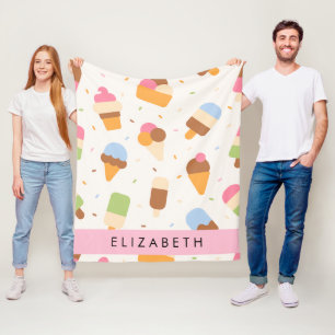 Ice Cream Pattern, Ice Cream Cone, Your Name Fleece Blanket