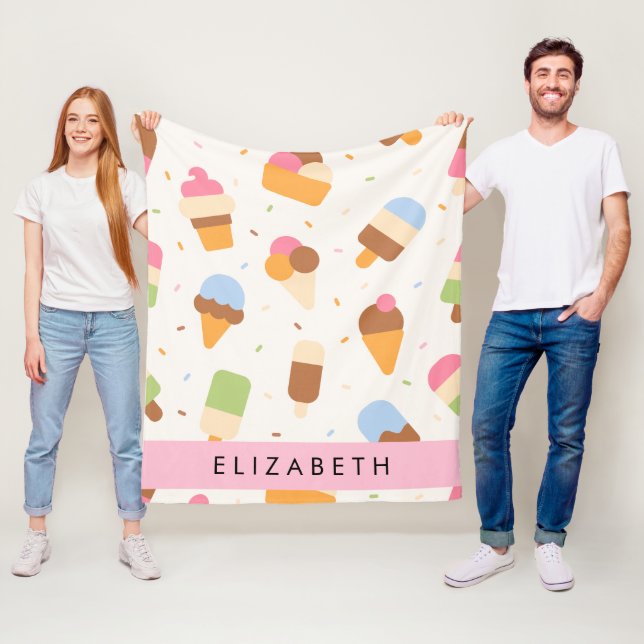 Ice Cream Pattern, Ice Cream Cone, Your Name Fleece Blanket (In Situ)