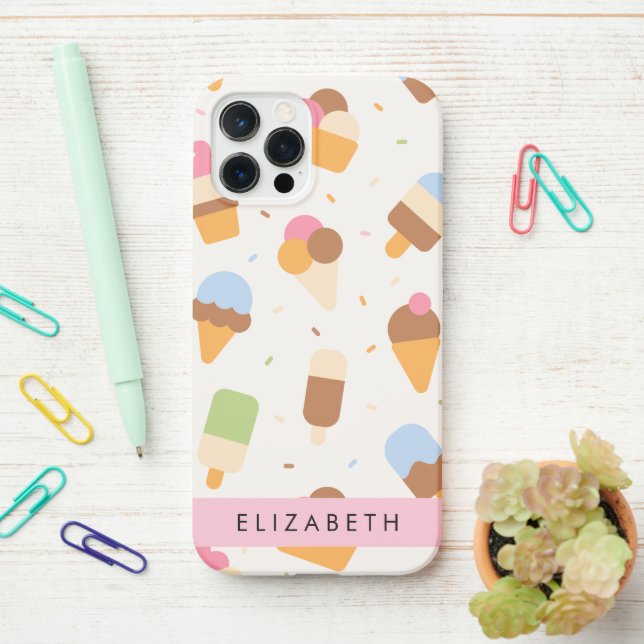 Ice Cream Pattern, Ice Cream Cone, Your Name iPhone Case (On Desk)