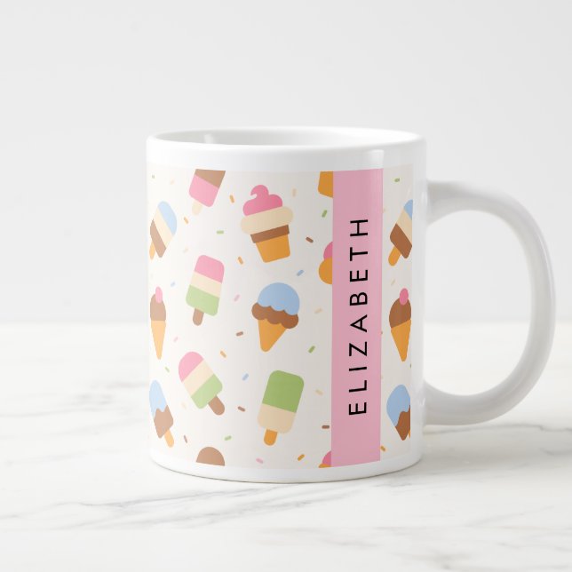 Ice Cream Pattern, Ice Cream Cone, Your Name Large Coffee Mug (Right)