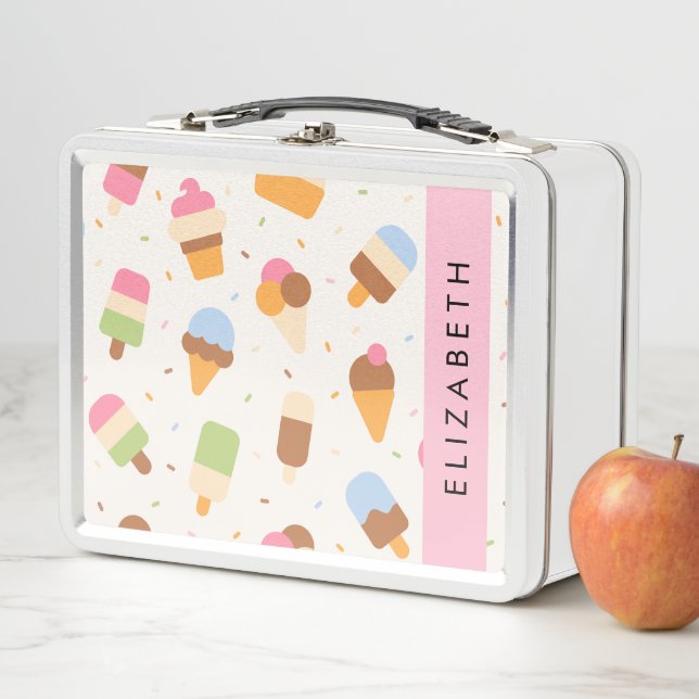 Ice Cream Pattern, Ice Cream Cone, Your Name Metal Lunch Box (In Situ)