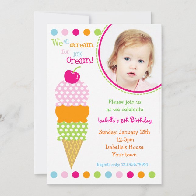 Ice Cream Photo Birthday Party Invitations (Front)
