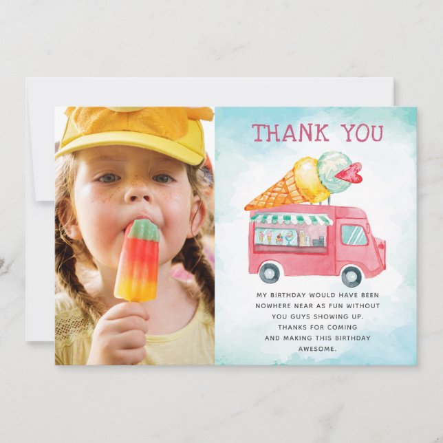 Ice Cream Photo Birthday Thank You Card (Front)