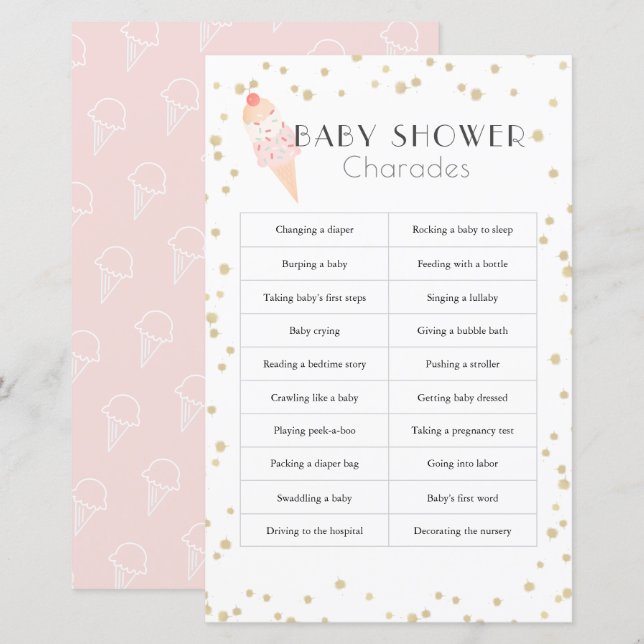 Ice Cream Pink Baby Shower Charades (Front/Back)