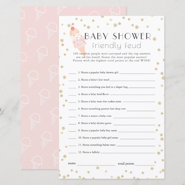 Ice Cream Pink Baby Shower Family Friendly Feud (Front/Back)