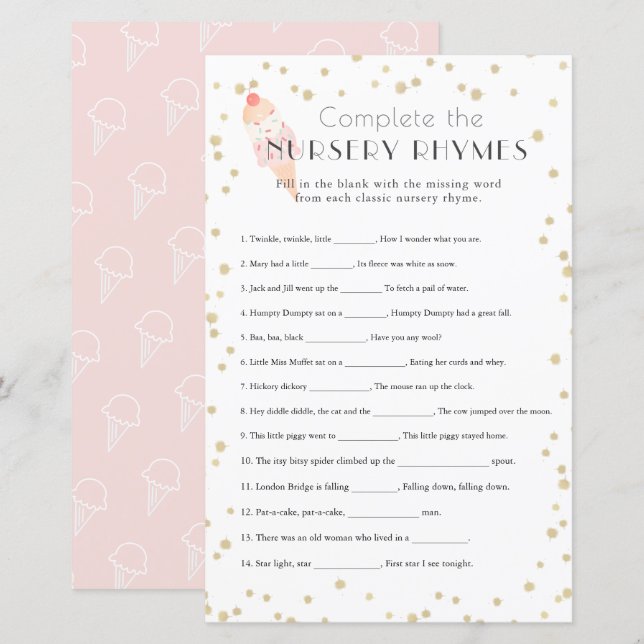 Ice Cream Pink Baby Shower Nursery Rhymes (Front/Back)