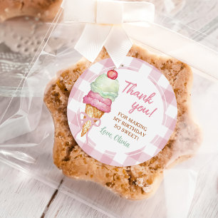 Ice Cream Pink Bow Gingham Birthday Party Classic Round Sticker