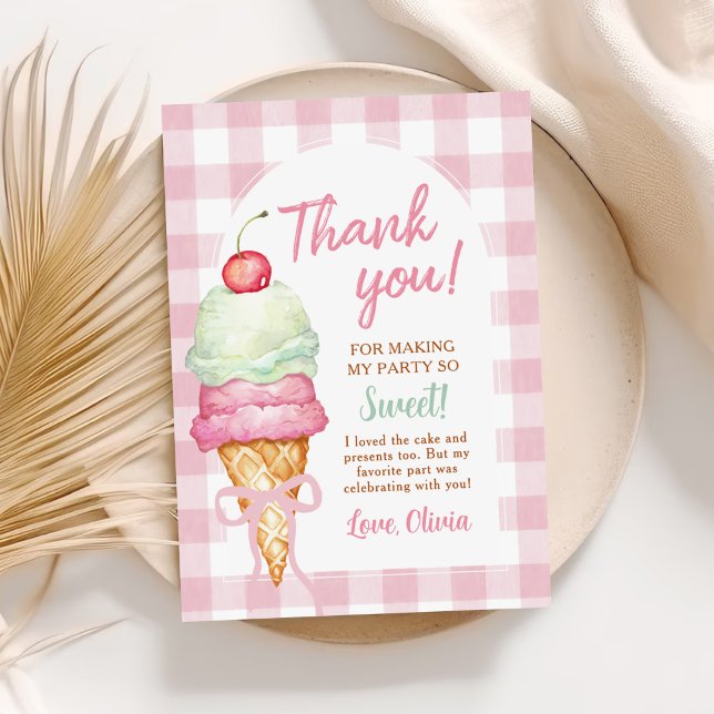 Ice Cream Pink Bow Gingham Birthday Party Thank You Card (Creator Uploaded)