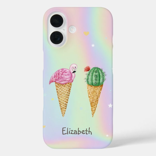  Ice cream Pink Flamingos Cactus Holographic Case-Mate iPhone Case (Back)