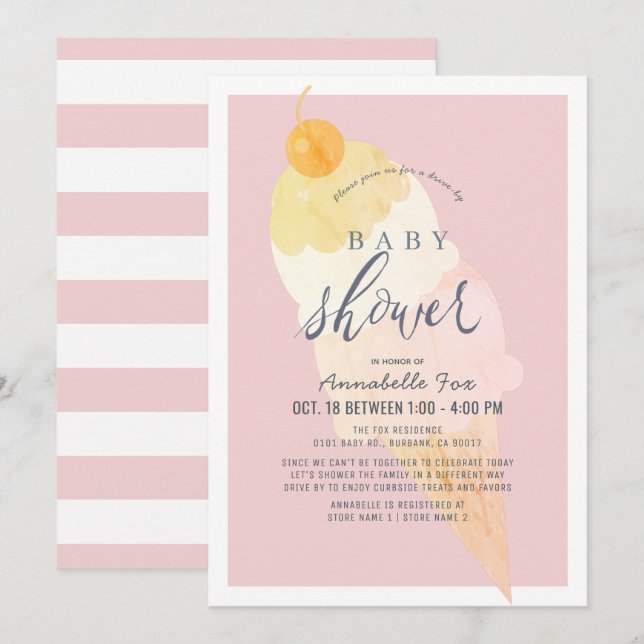 Ice Cream Pink Girl Drive-by Baby Shower Invitation (Front/Back)
