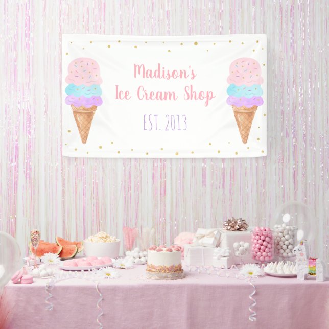 Ice Cream Pink Gold Pastel Birthday Banner (Party)