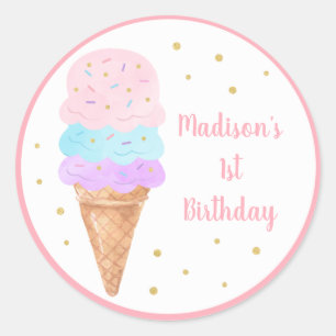 Ice Cream Pink Gold Pastel Birthday Classic Round Sticker