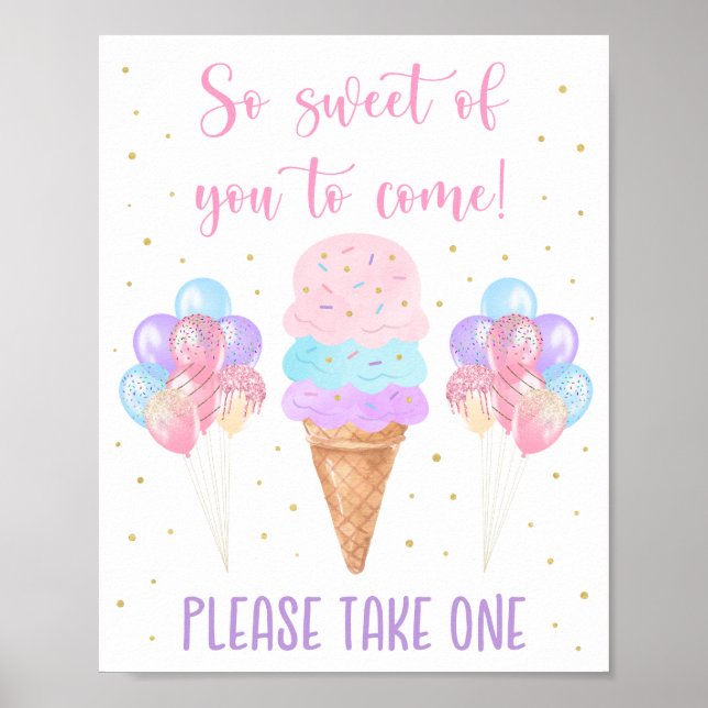 Ice Cream Pink Gold Pastel Birthday Favour Sign (Front)