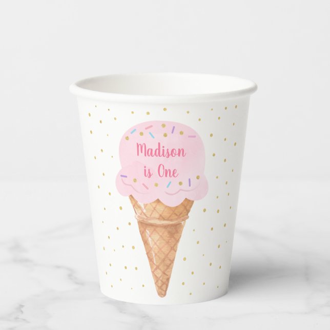 Ice Cream Pink Gold Pastel Birthday Paper Cups (Front)