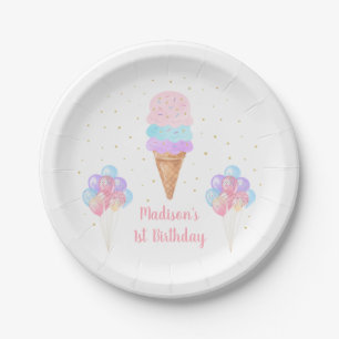 Ice Cream Pink Gold Pastel Birthday Paper Plate