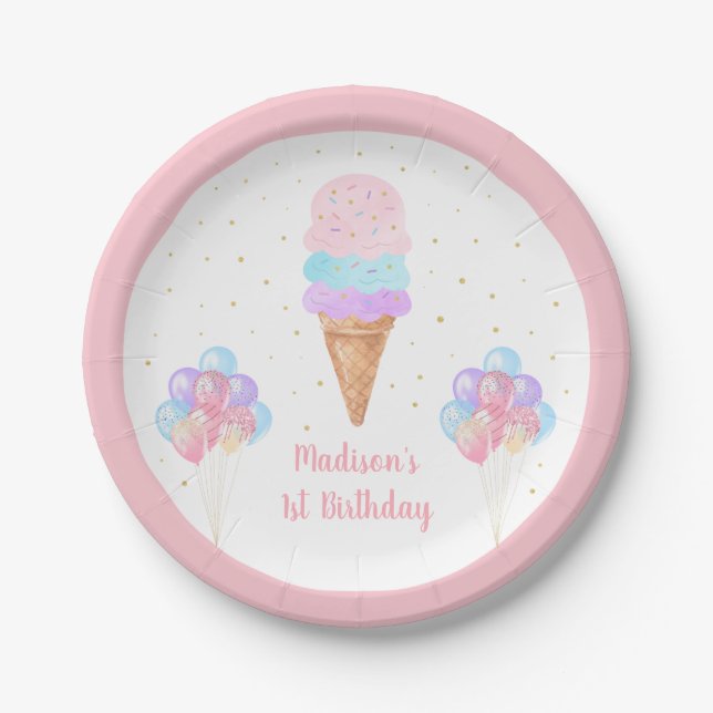 Ice Cream Pink Gold Pastel Birthday Paper Plate (Front)