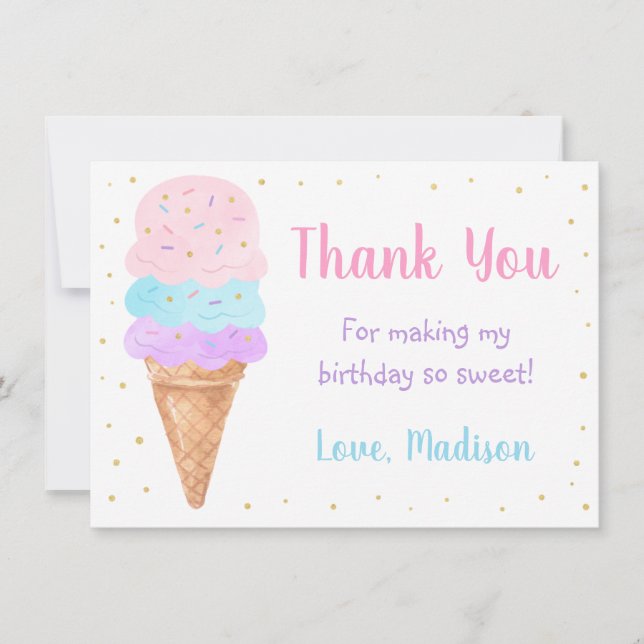 Ice Cream Pink Gold Pastel Birthday Thank You (Front)