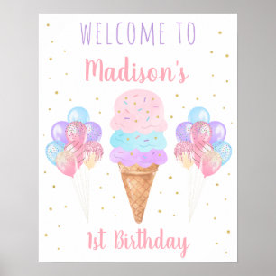 Ice Cream Pink Gold Pastel Birthday Welcome Poster