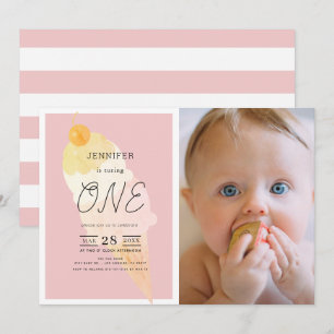 Ice Cream Pink Stripe Girl 1st Birthday Invitation