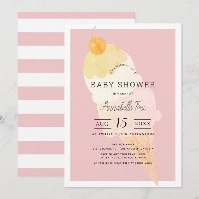 Ice Cream Pink Stripe Girl Baby Shower Invitation (Front/Back)