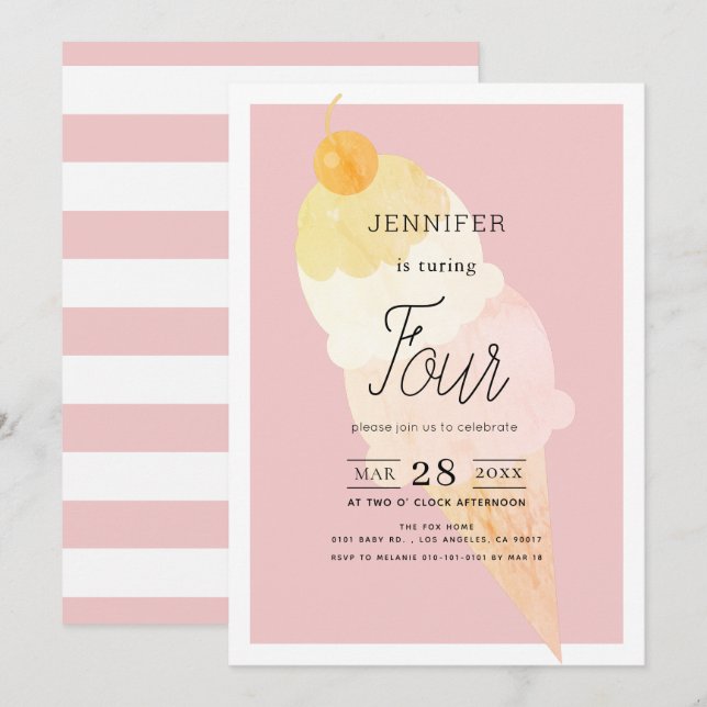 Ice Cream Pink Stripe Girl Birthday Invitation (Front/Back)