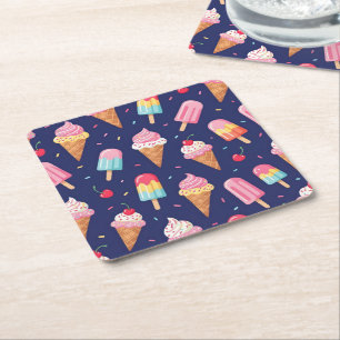 Ice cream, popsicles and cherries pattern square paper coaster