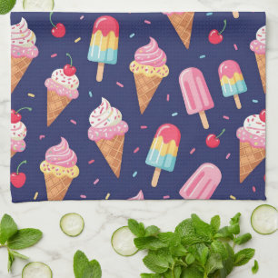 Ice cream, popsicles and cherries pattern tea towel