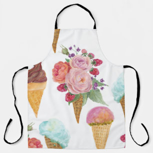 Ice-cream, raspberries: watercolor pattern. apron