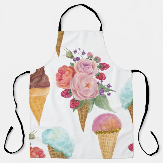 Ice-cream, raspberries: watercolor pattern. apron (Front)