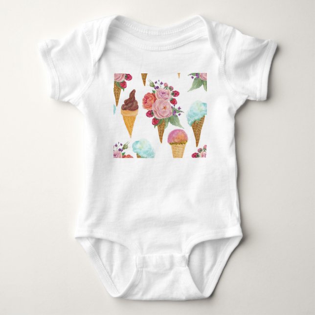 Ice-cream, raspberries: watercolor pattern. baby bodysuit (Front)